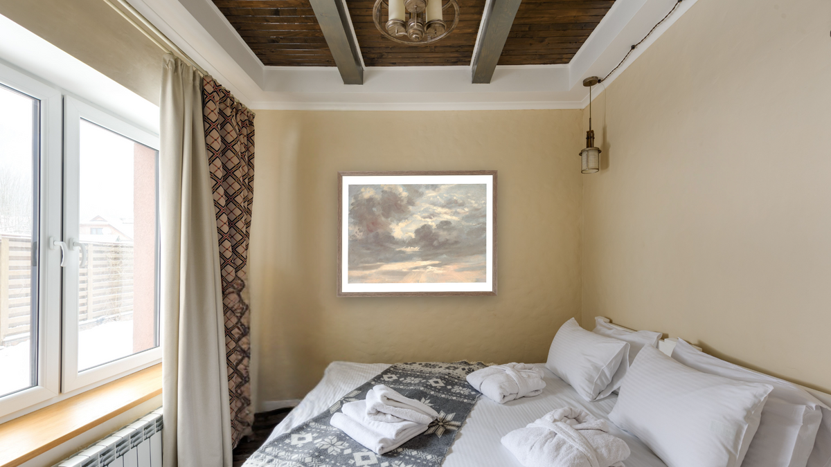 Cloud Study: Stormy Sunset by John Constable, shown at 30 × 40 in (76.2 × 101.6 cm) in Arber Light Walnut, hotel guest room