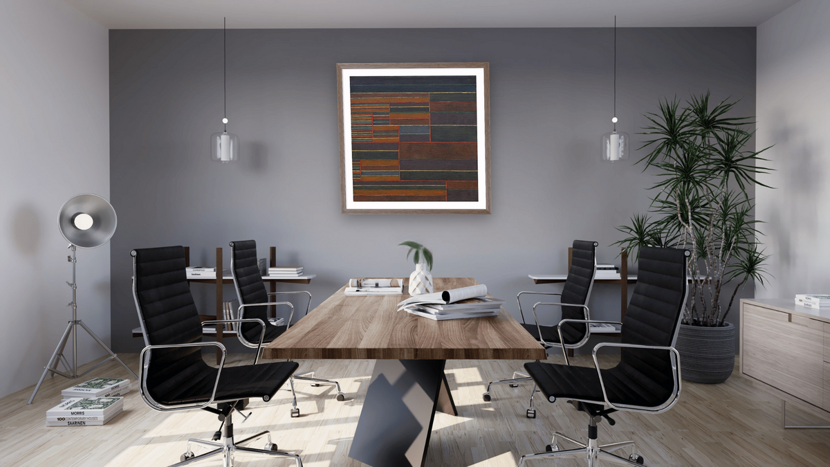 In the Current Six Thresholds by Paul Klee, shown at 32 × 32 in (81.3 × 81.3 cm) in Arber Light Walnut, boardroom