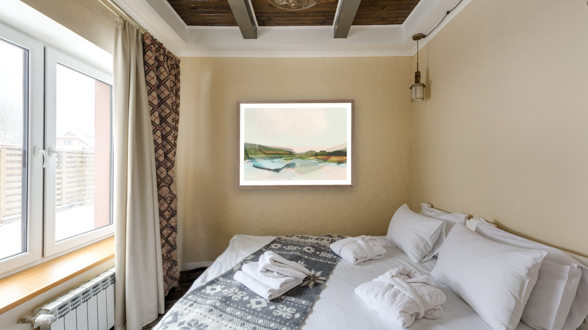 Estury Dream by Dan Hobday, shown at 30 × 42 in (76.2 × 106.7 cm) in Arber Light Walnut, hotel guest room