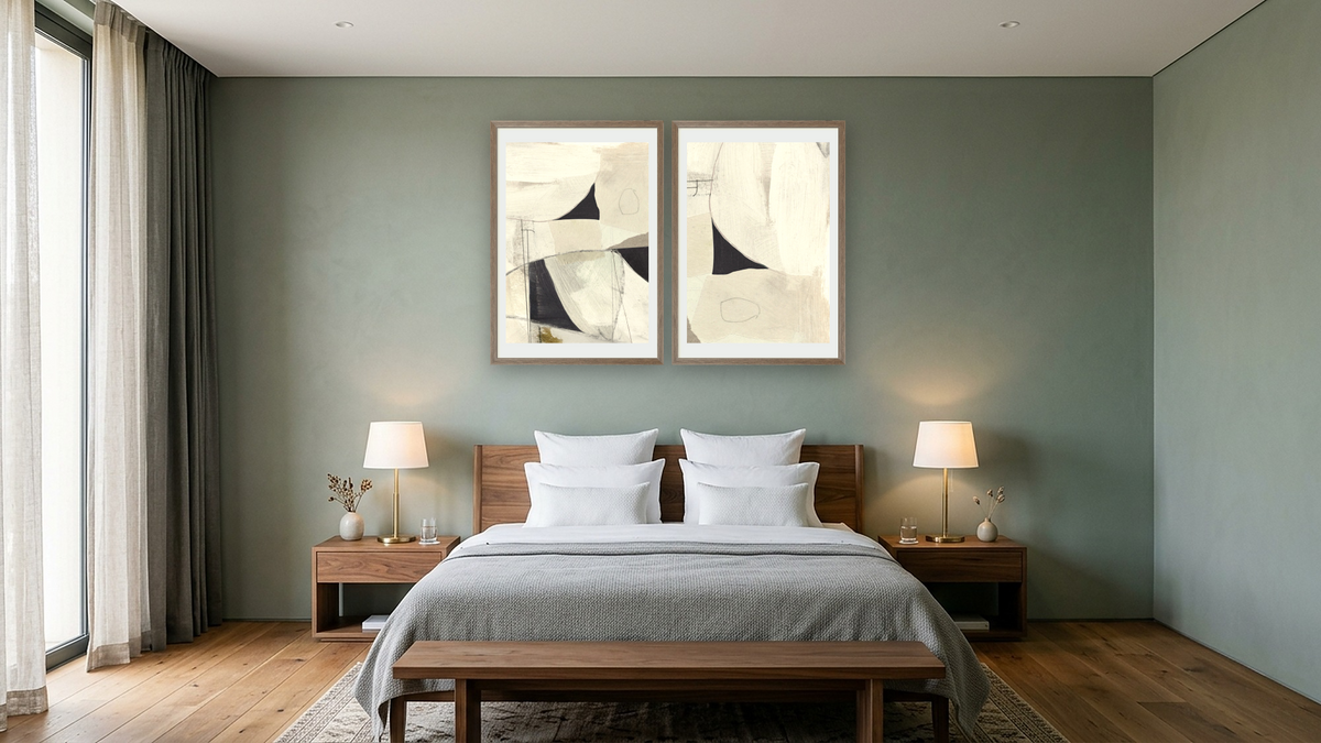 Diptych — High 1 × High 2, shown at 28 × 42 in (71.1 × 106.7 cm) in Arber Light Walnut, hotel guest room