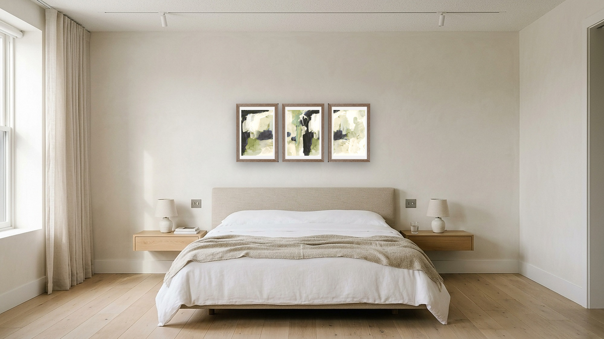 Triptych — Lush 1 × Lush 2 × Lush 3, shown at 14 × 21 in (35.6 × 53.3 cm) in Arber Light Walnut, hotel guest room