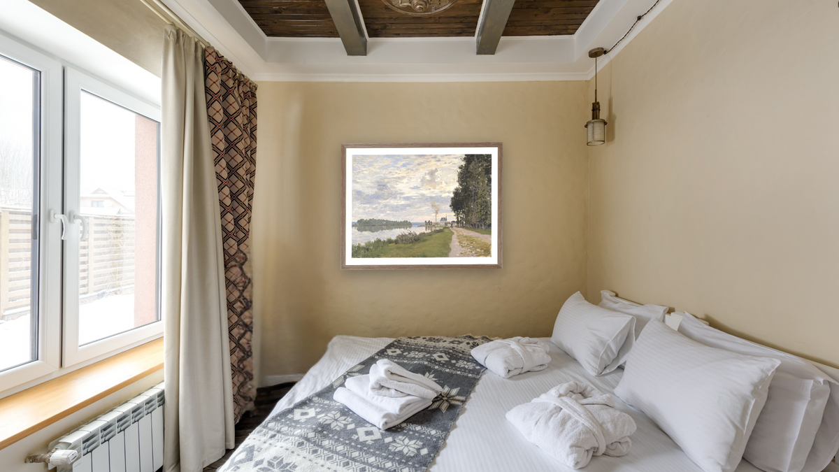 La Promenade d'Argenteuil by Claude Monet, shown at 30 × 40 in (76.2 × 101.6 cm) in Arber Light Walnut, hotel guest room