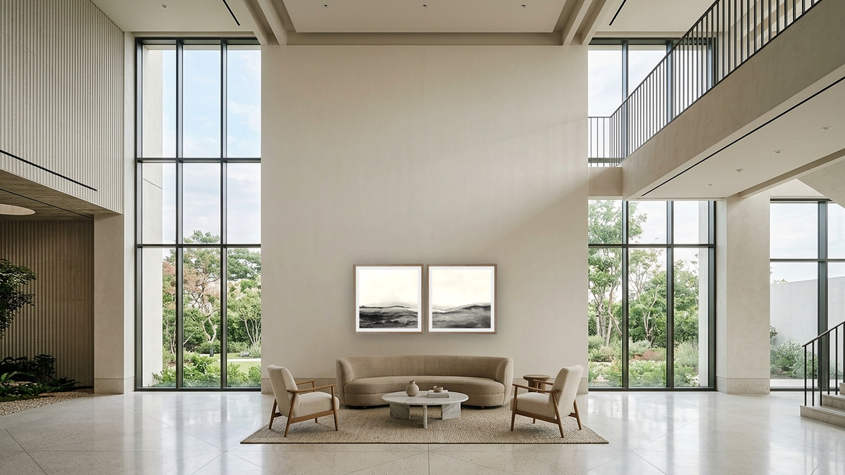 Diptych — Mono Landscape 1 × Mono Landscape 2, shown at 32 × 32 in (81.3 × 81.3 cm) in Arber Light Walnut, hotel lobby