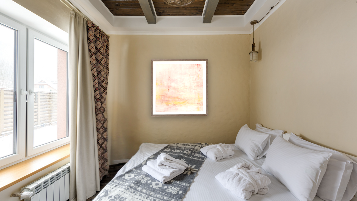 No. 223 by Michelle Oppenheimer, shown at 32 × 32 in (81.3 × 81.3 cm) in Arber Light Walnut, hotel guest room