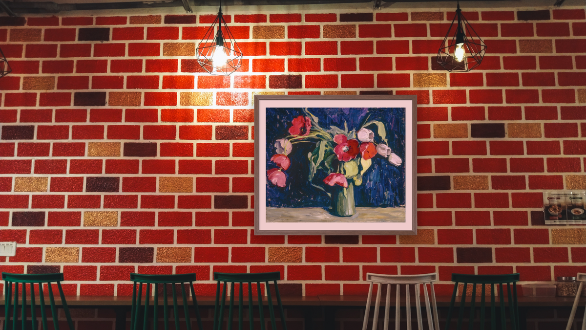 Still Life with Flowers (tulips) by Jane Peterson, shown at 32 × 40 in (81.3 × 101.6 cm) in Arber Light Walnut, restaurant