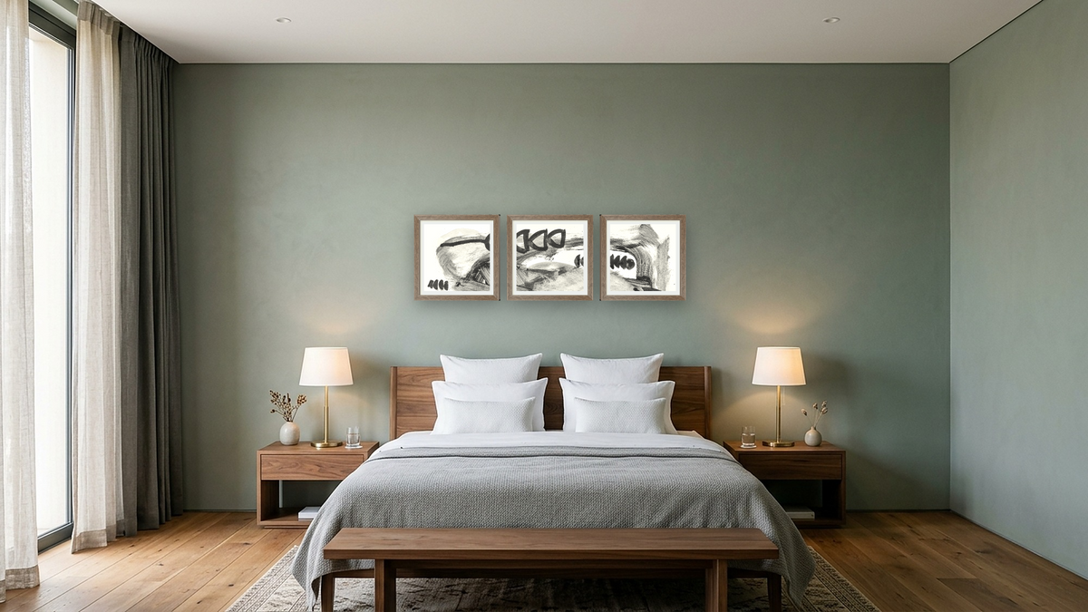 Triptych — Black White Set 1 × Black White Set 2 × Black White Set 3, shown at 16 × 16 in (40.6 × 40.6 cm) in Arber Light Walnut, hotel guest room