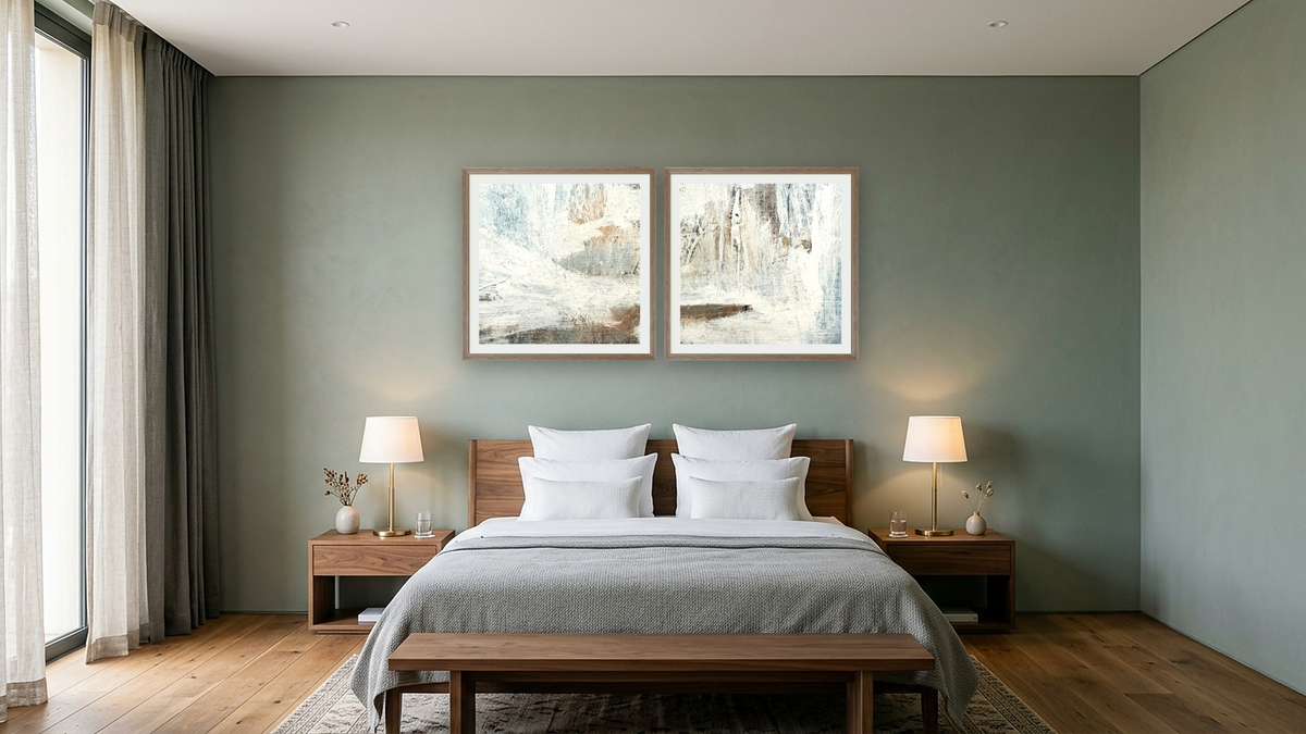 Diptych — Rustic 1 SQ × Rustic 2 SQ, shown at 32 × 32 in (81.3 × 81.3 cm) in Arber Light Walnut, hotel guest room