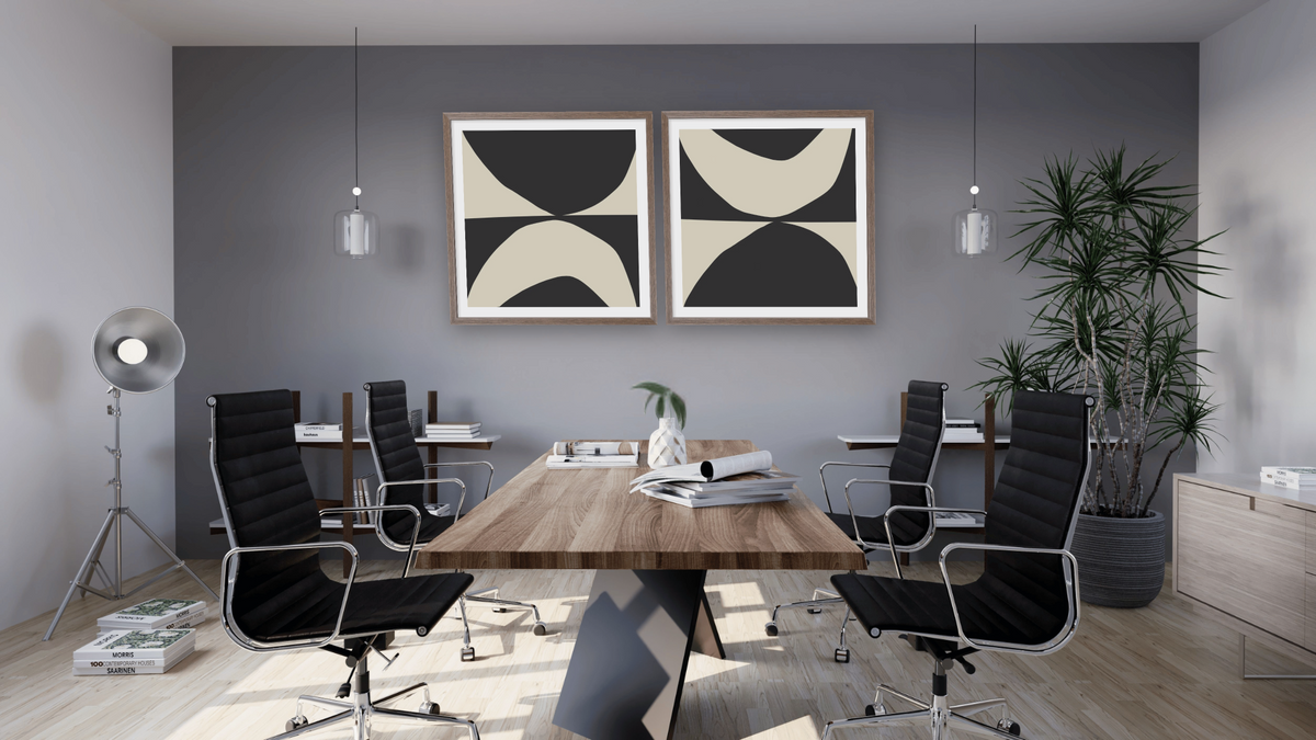 Diptych — State 1 × State 2, shown at 32 × 32 in (81.3 × 81.3 cm) in Arber Light Walnut, boardroom