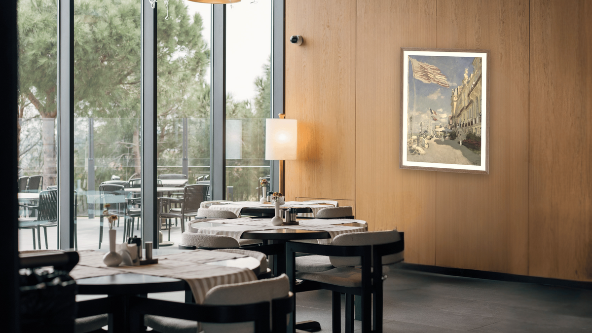 Hôtel des roches noires. Trouville by Claude Monet, shown at 29 × 42 in (73.7 × 106.7 cm) in Arber Light Walnut, restaurant