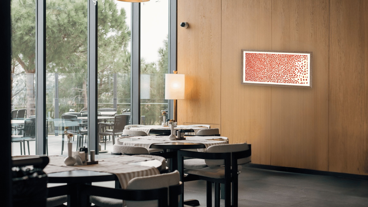 Red Azaleas Singing and Dancing Rock and Roll Music by Alma Thomas, shown at 18 × 40 in (45.7 × 101.6 cm) in Arber Light Walnut, restaurant