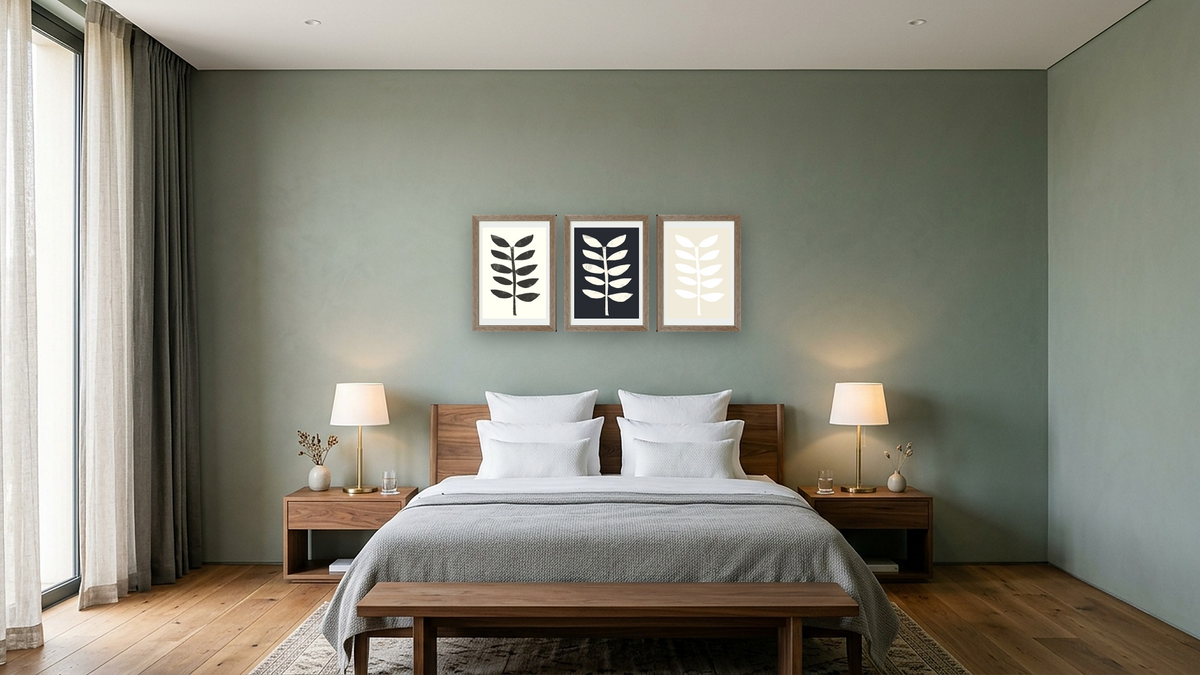 Triptych — Minimal Plant 1 × Minimal Plant 2 × Minimal Plant 3, shown at 14 × 21 in (35.6 × 53.3 cm) in Arber Light Walnut, hotel guest room
