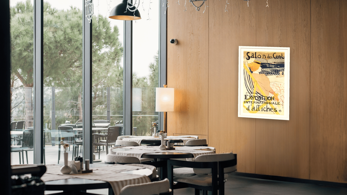 Poster advertising the 'Exposition Internationale d'Affiches', Paris, c.1896 by Henri de Toulouse-Lautrec, shown at 28 × 42 in (71.1 × 106.7 cm) in Arber Light Walnut, restaurant