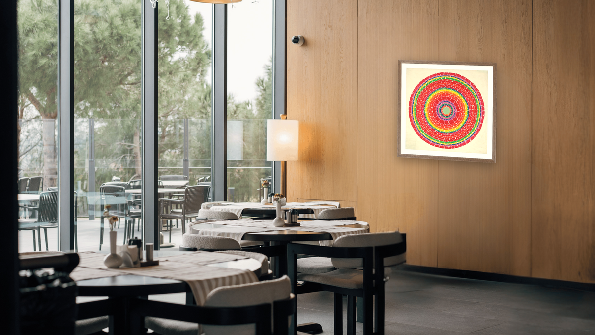 Springtime in Washington by Alma Thomas, shown at 32 × 32 in (81.3 × 81.3 cm) in Arber Light Walnut, restaurant
