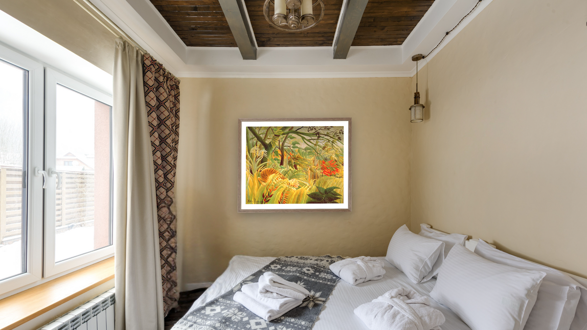 Tiger in a Tropical Storm (Surprised!) by Henri Rousseau, shown at 32 × 40 in (81.3 × 101.6 cm) in Arber Light Walnut, hotel guest room