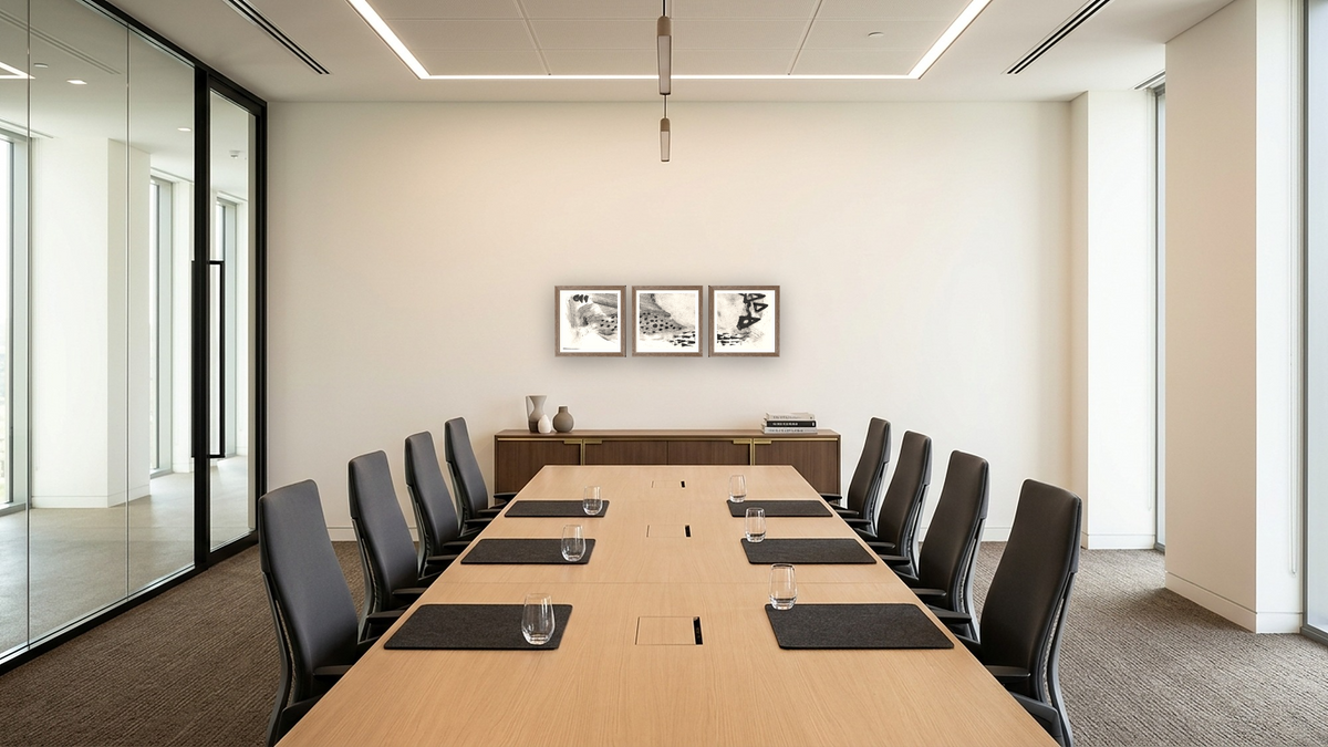 Triptych — Black White Set 4 × Black White Set 5 × Black White Set 6, shown at 16 × 16 in (40.6 × 40.6 cm) in Arber Light Walnut, boardroom