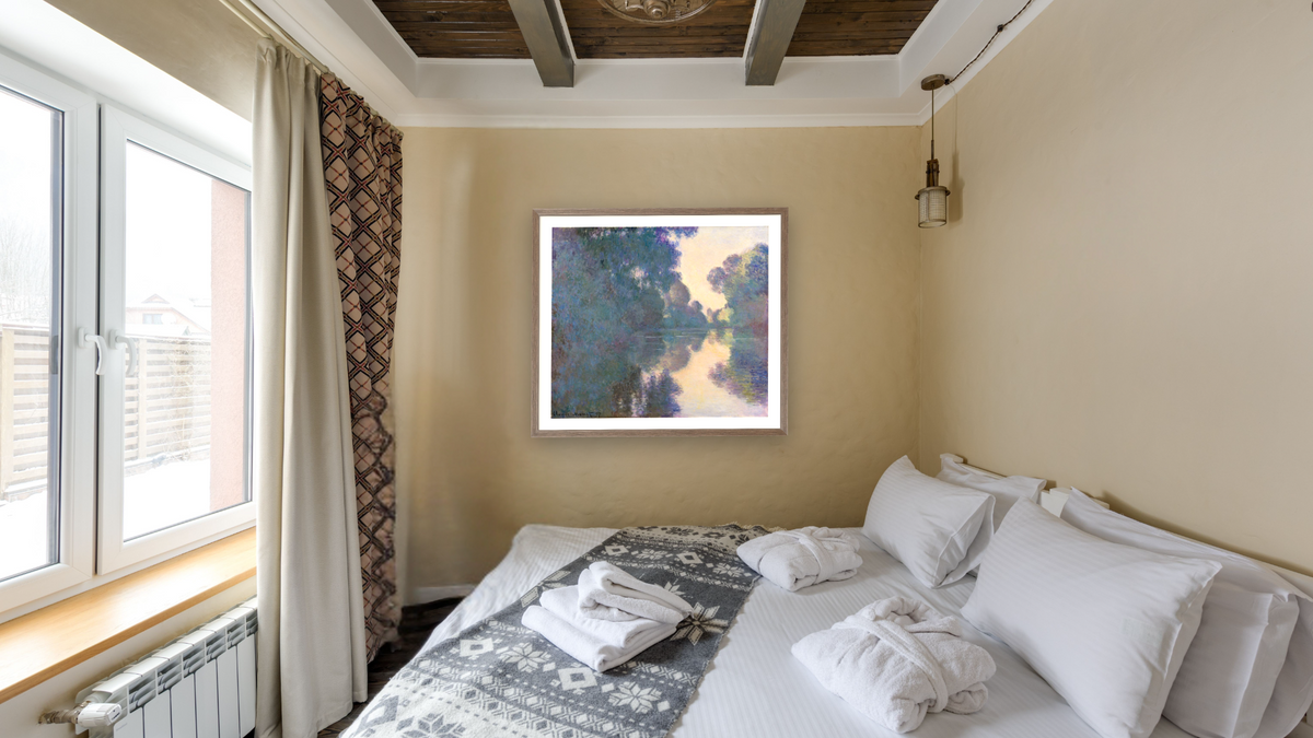 Morning on the Seine near Giverny by Claude Monet, shown at 35 × 40 in (88.9 × 101.6 cm) in Arber Light Walnut, hotel guest room