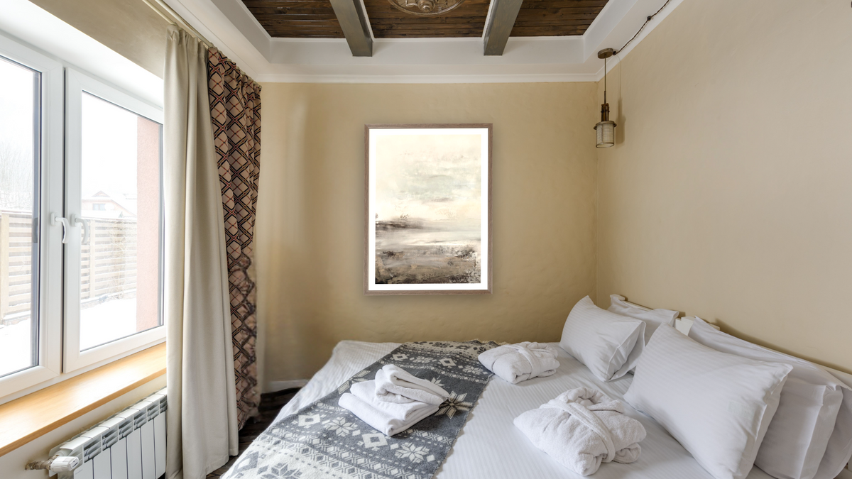 Down Tempo 1 by Dan Hobday, shown at 30 × 42 in (76.2 × 106.7 cm) in Arber Light Walnut, hotel guest room