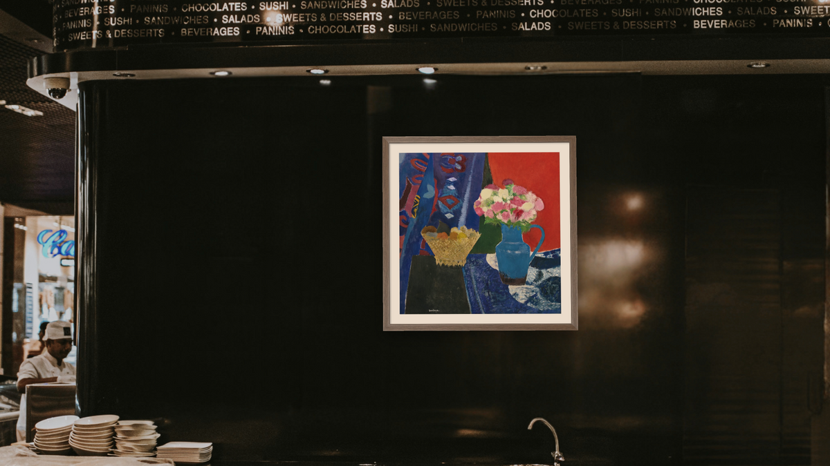Bouquet Rose et Corbeille de Fruits by Guy Bardone, shown at 32 × 32 in (81.3 × 81.3 cm) in Arber Light Walnut, restaurant