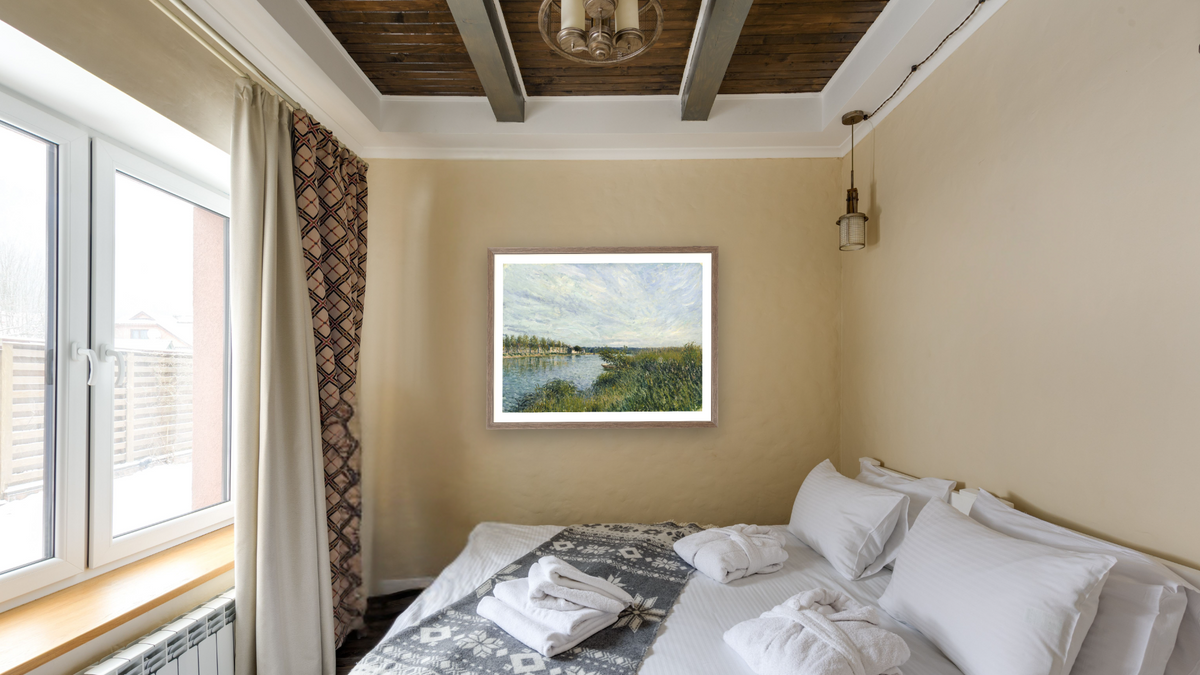 View of Saint-Mammes by Alfred Sisley, shown at 30 × 40 in (76.2 × 101.6 cm) in Arber Light Walnut, hotel guest room