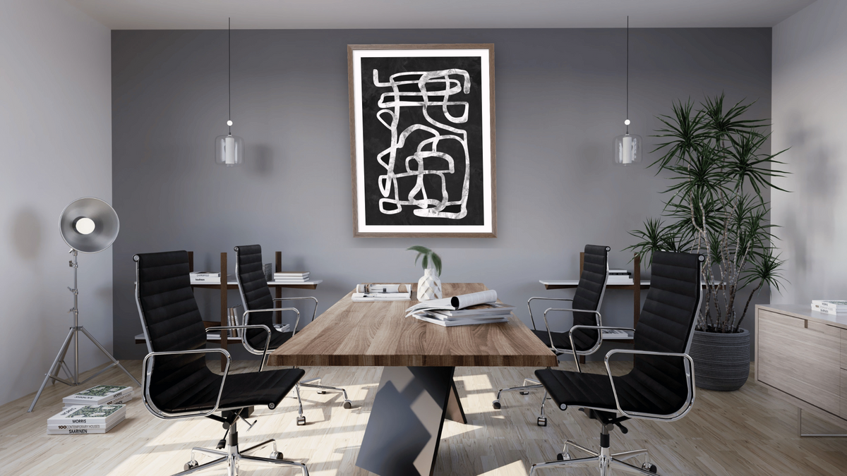 Mono Strokes 4 by Dan Hobday, shown at 30 × 42 in (76.2 × 106.7 cm) in Arber Light Walnut, boardroom