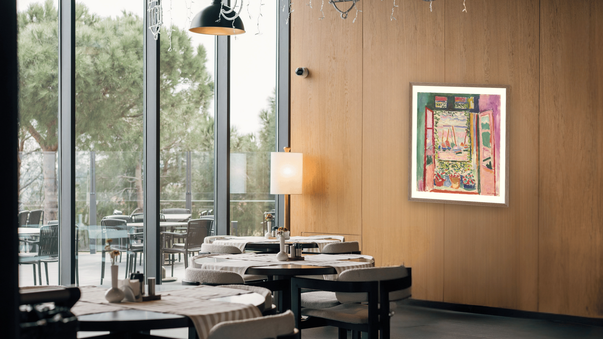Open Window, Collioure by Henri Matisse, shown at 32 × 40 in (81.3 × 101.6 cm) in Arber Light Walnut, restaurant