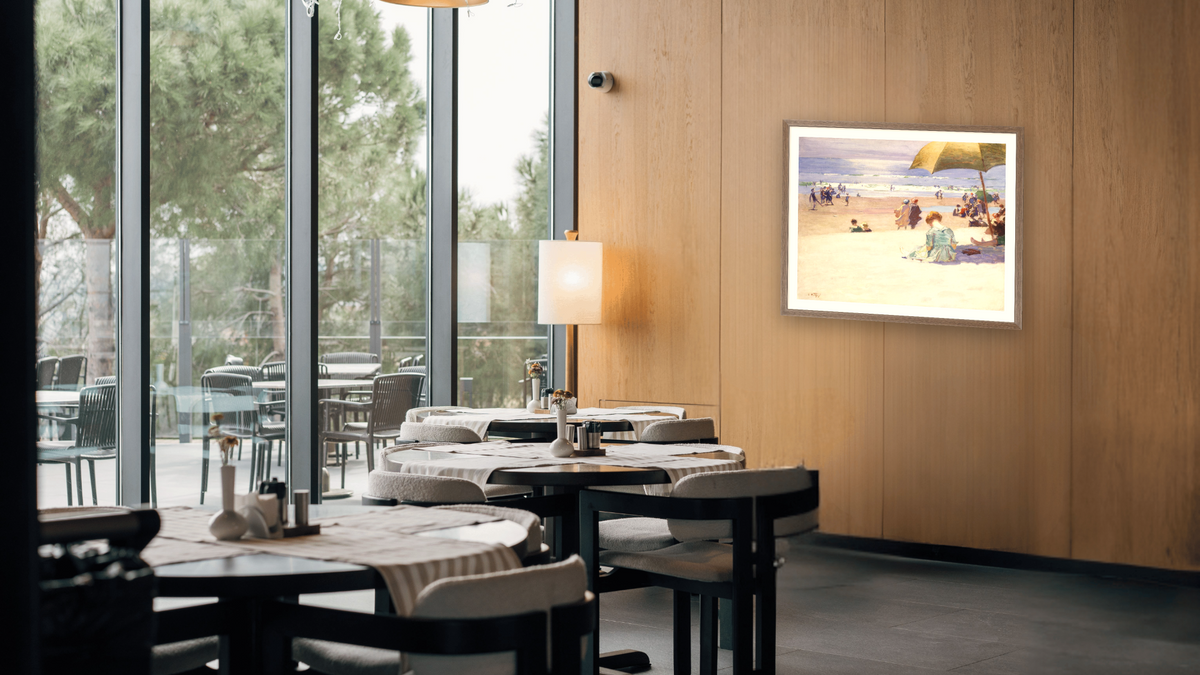 Hourtide by Edward Henry Potthast, shown at 32 × 40 in (81.3 × 101.6 cm) in Arber Light Walnut, restaurant