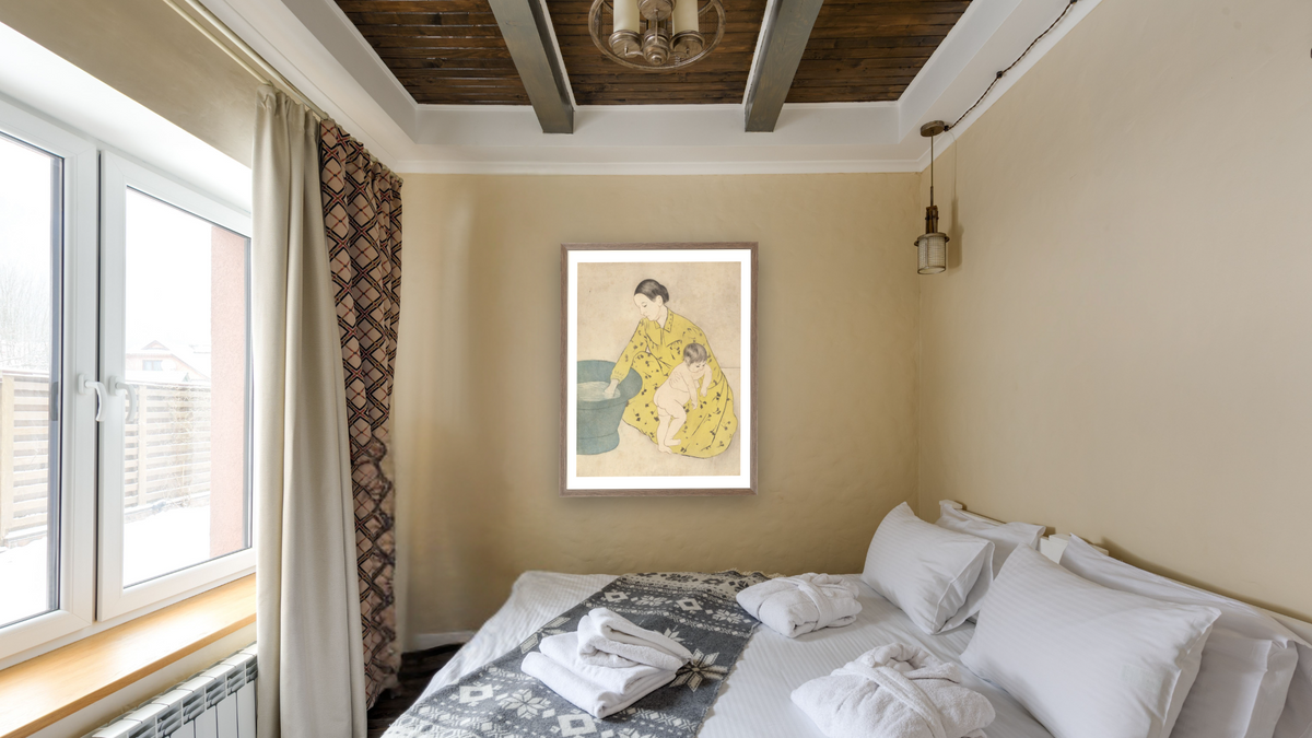 The Bath by Mary Cassatt, shown at 30 × 40 in (76.2 × 101.6 cm) in Arber Light Walnut, hotel guest room