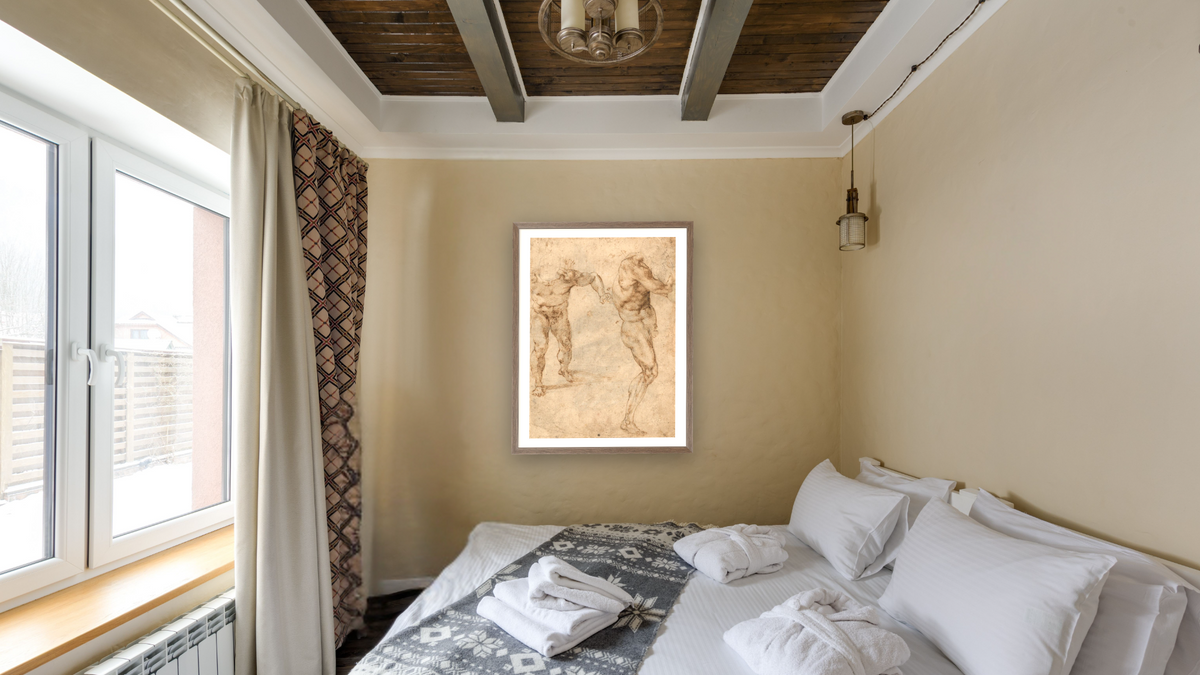 Two Nude Studies of a Man Storming Forward and Another Turning to the Right (verso) by Michelangelo Buonarroti, shown at 30 × 40 in (76.2 × 101.6 cm) in Arber Light Walnut, hotel guest room