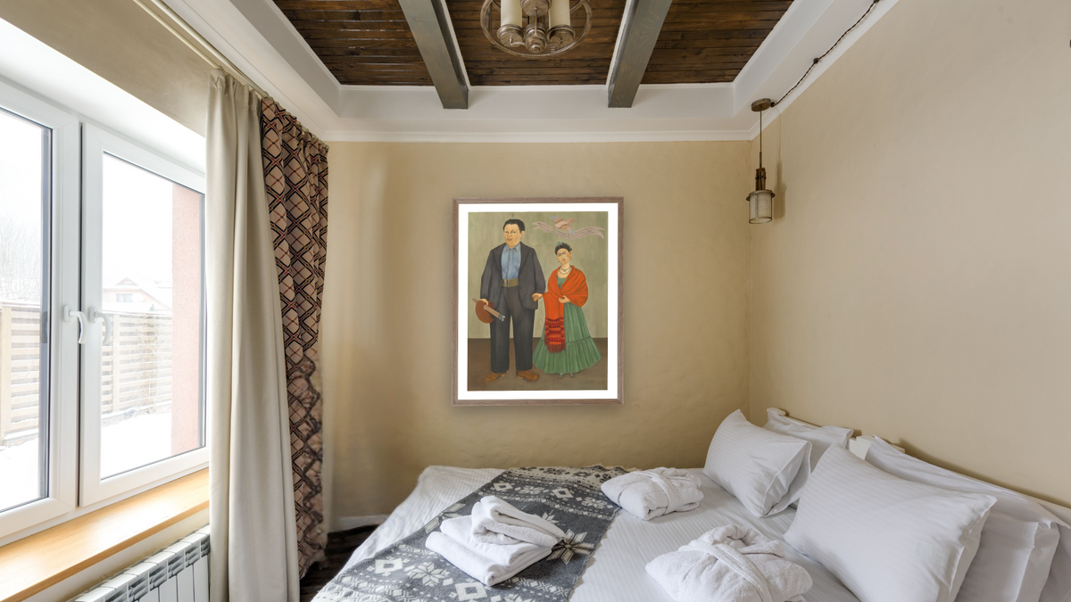 Frieda and Diego Rivera by Frida Kahlo, shown at 32 × 40 in (81.3 × 101.6 cm) in Arber Light Walnut, hotel guest room
