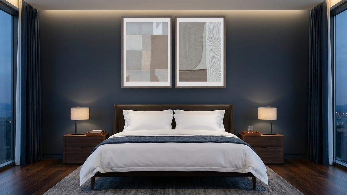 Diptych — Abstracted 1 × Abstracted 2, shown at 28 × 42 in (71.1 × 106.7 cm) in Arber Light Walnut, hotel guest room