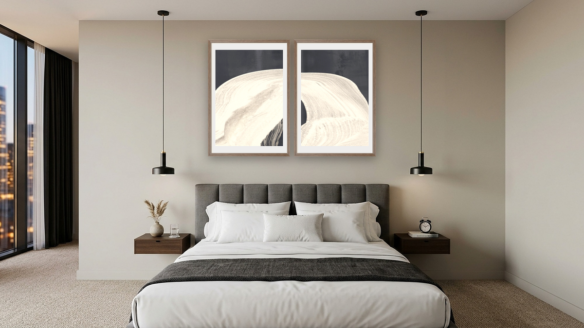 Diptych — Lux 1 × Lux 2, shown at 28 × 42 in (71.1 × 106.7 cm) in Arber Light Walnut, hotel guest room