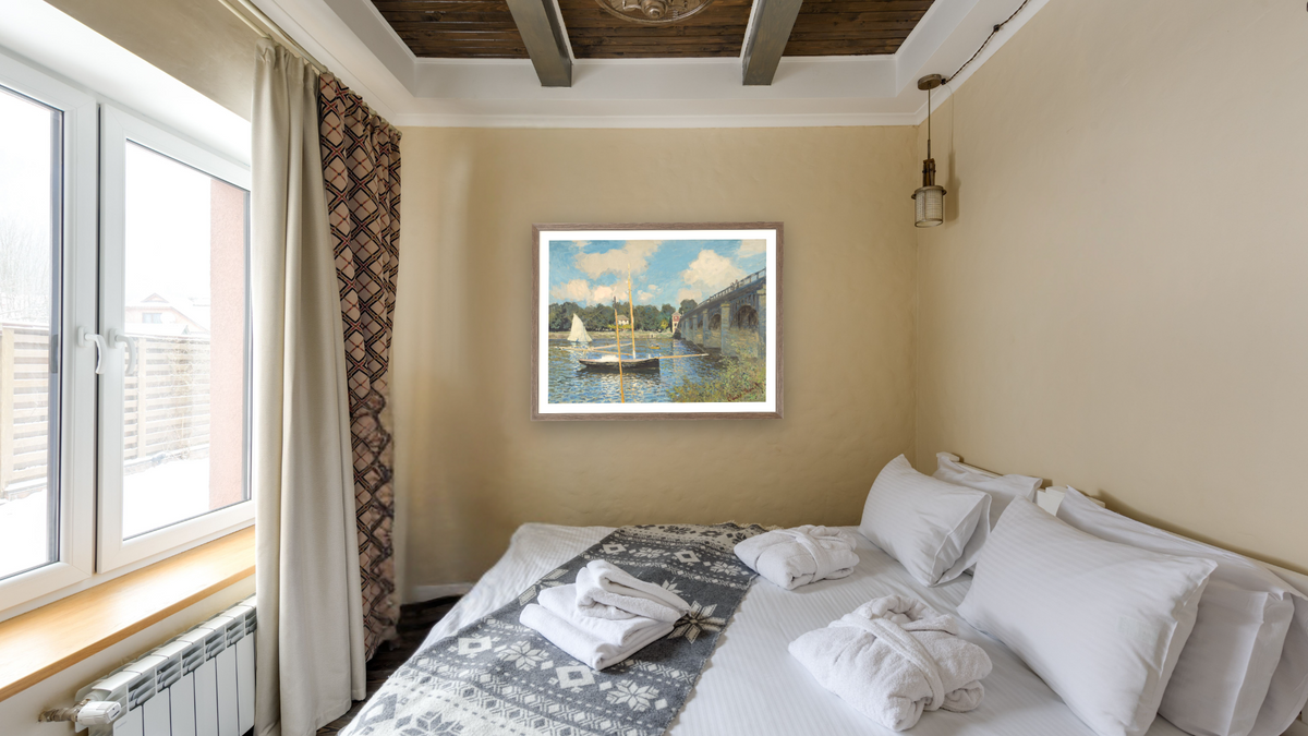 The Bridge at Argenteuil by Claude Monet, shown at 30 × 40 in (76.2 × 101.6 cm) in Arber Light Walnut, hotel guest room
