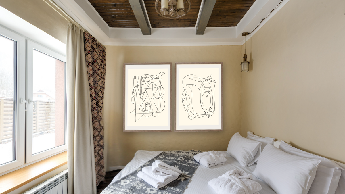 Diptych — Daily 1 × Daily 2, shown at 28 × 42 in (71.1 × 106.7 cm) in Arber Light Walnut, hotel guest room