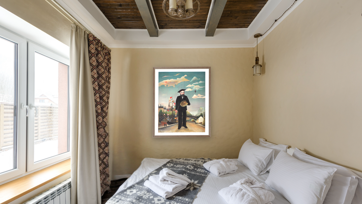 Myself: Portrait - Landscape by Henri Rousseau, shown at 32 × 40 in (81.3 × 101.6 cm) in Arber Light Walnut, hotel guest room