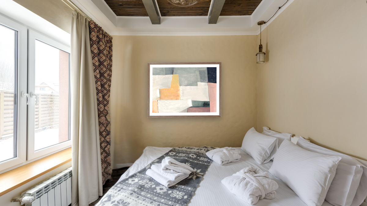 Margin by Dan Hobday, shown at 30 × 42 in (76.2 × 106.7 cm) in Arber Light Walnut, hotel guest room