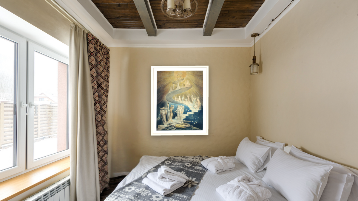 Jacob's Ladder by William Blake Richmond, shown at 32 × 40 in (81.3 × 101.6 cm) in Arber Light Walnut, hotel guest room