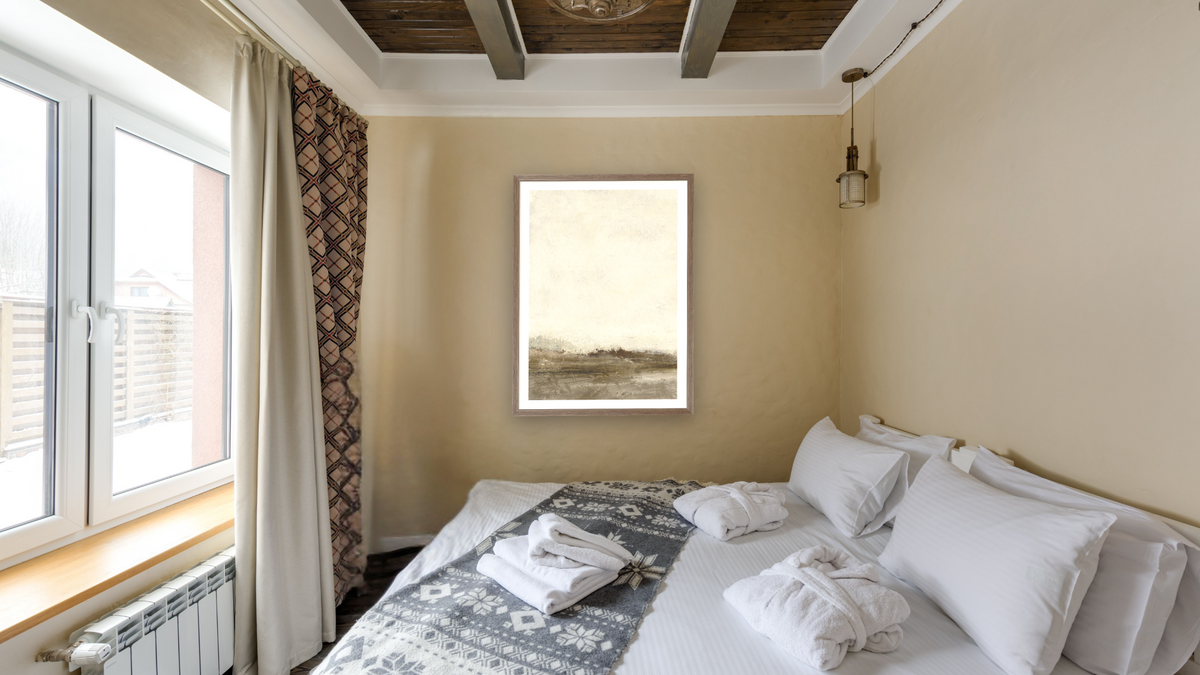 Away From Hear 1 by Dan Hobday, shown at 30 × 42 in (76.2 × 106.7 cm) in Arber Light Walnut, hotel guest room