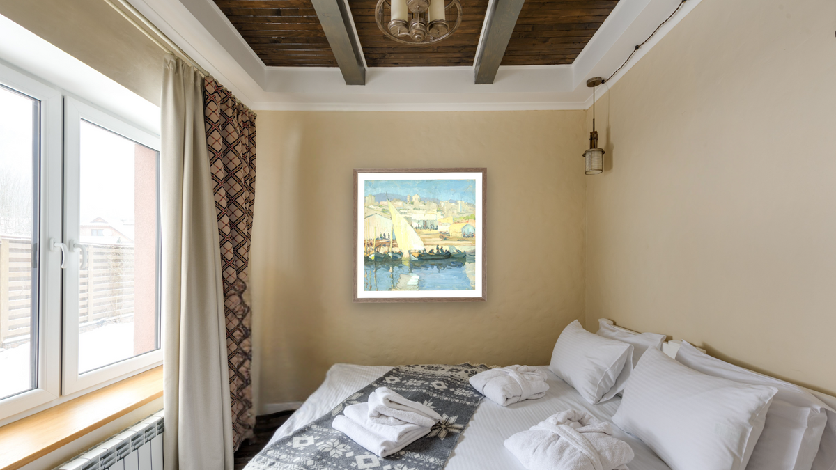 Harbor Scene by Jane Peterson, shown at 32 × 32 in (81.3 × 81.3 cm) in Arber Light Walnut, hotel guest room