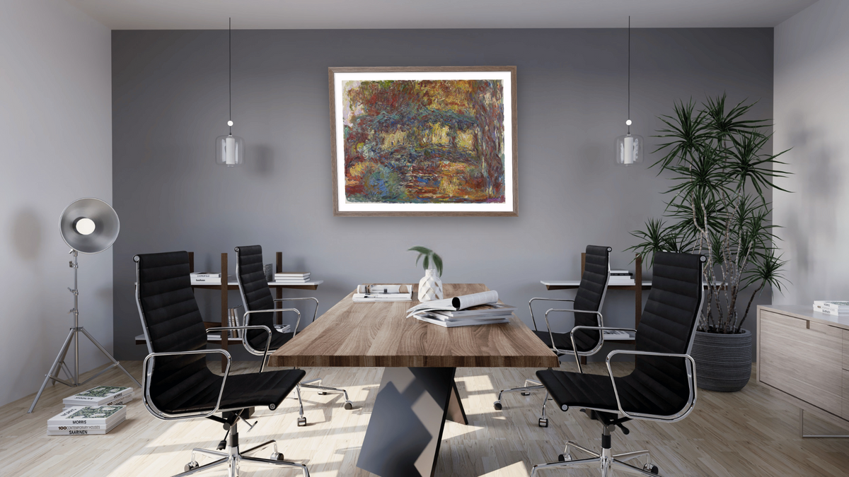 The Japanese Bridge by Claude Monet, shown at 31 × 40 in (78.7 × 101.6 cm) in Arber Light Walnut, boardroom