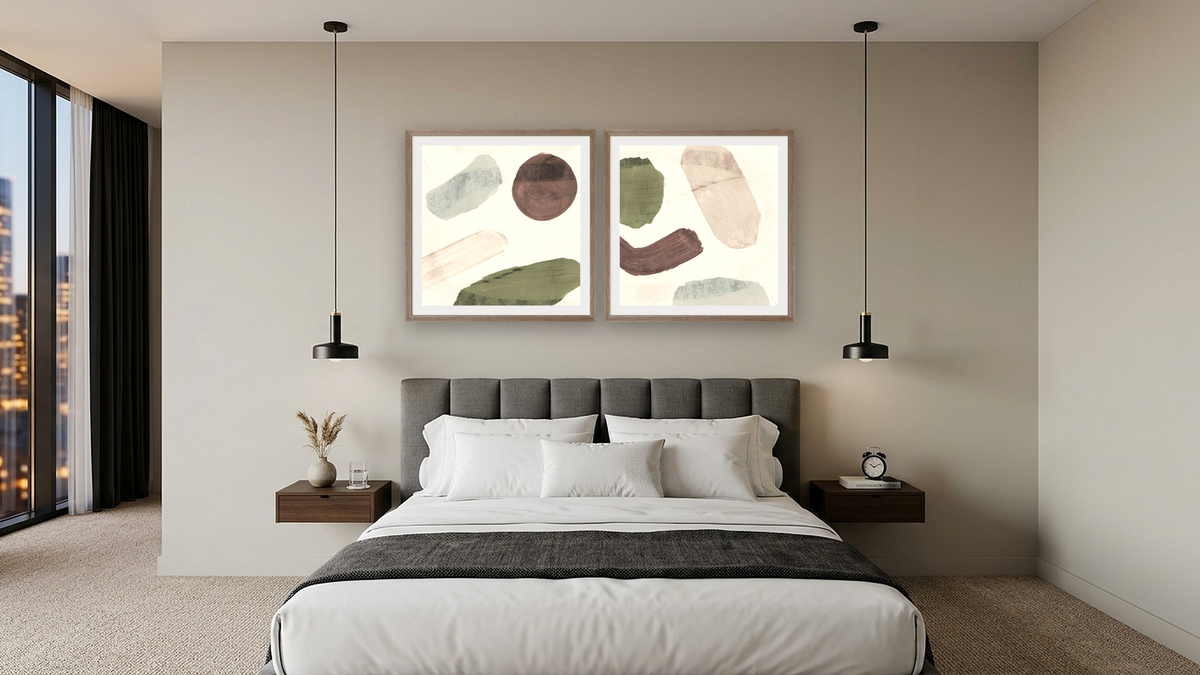 Diptych — Days 1 × Days 2, shown at 32 × 32 in (81.3 × 81.3 cm) in Arber Light Walnut, hotel guest room