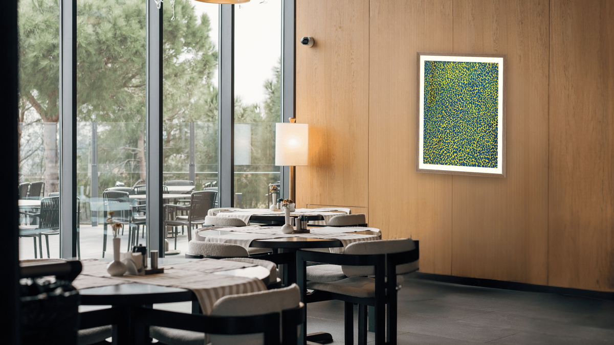 Aquatic Gardens by Alma Thomas, shown at 28 × 40 in (71.1 × 101.6 cm) in Arber Light Walnut, restaurant