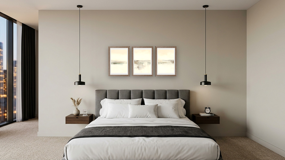 Triptych — Calm Set 3 × Calm Set 2 × Calm Set 1, shown at 14 × 21 in (35.6 × 53.3 cm) in Arber Light Walnut, hotel guest room