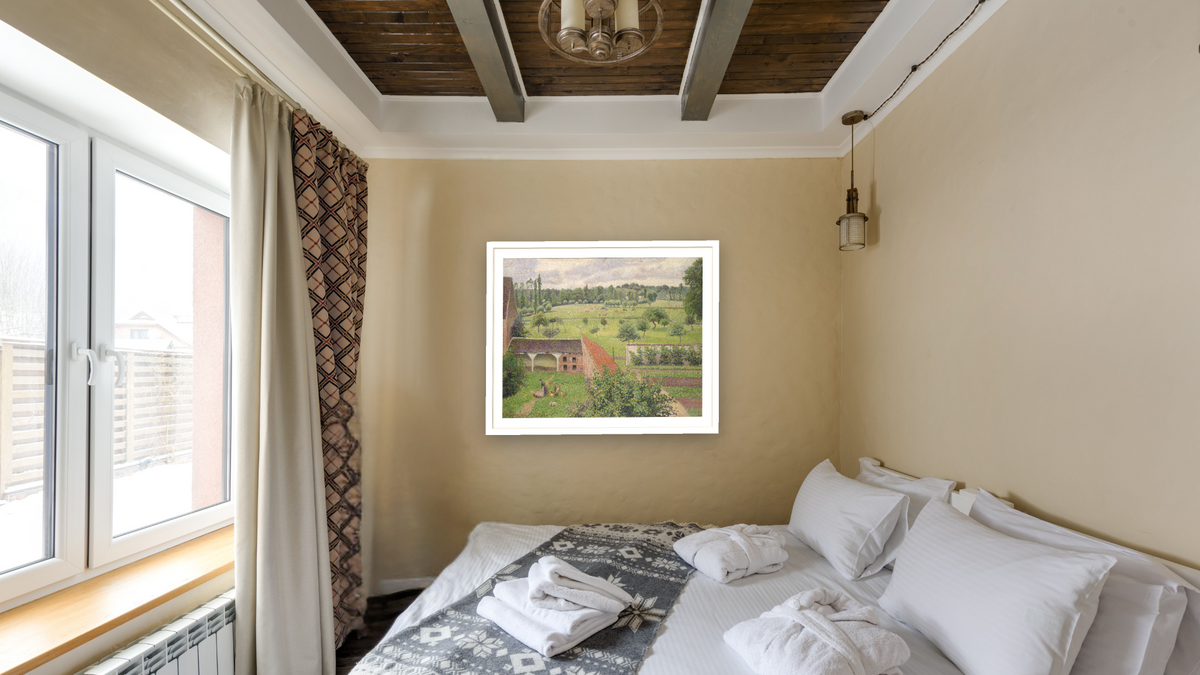 View from my Window, Éragny (Vue de ma fenêtre, Éragny) by Camille Pissarro, shown at 32 × 40 in (81.3 × 101.6 cm) in Arber Light Walnut, hotel guest room
