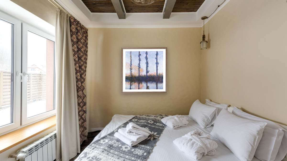 The Four Trees by Claude Monet, shown at 32 × 32 in (81.3 × 81.3 cm) in Arber Light Walnut, hotel guest room