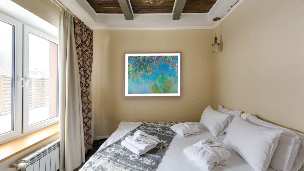 Wisteria by Claude Monet, shown at 30 × 40 in (76.2 × 101.6 cm) in Arber Light Walnut, hotel guest room