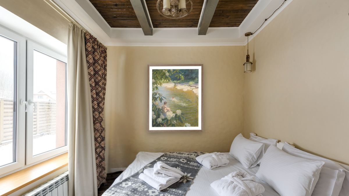 The Swimming Hole by Charles Courtney Curran, shown at 32 × 40 in (81.3 × 101.6 cm) in Arber Light Walnut, hotel guest room