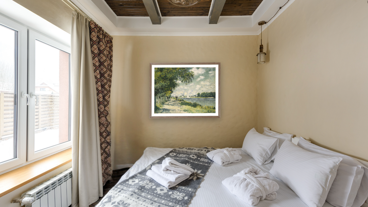 The Seine at Argenteuil by Claude Monet, shown at 30 × 40 in (76.2 × 101.6 cm) in Arber Light Walnut, hotel guest room