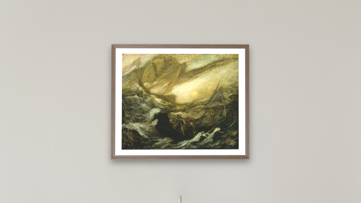 Flying Dutchman by Albert Pinkham Ryder, shown at 32 × 40 in (81.3 × 101.6 cm) in Arber Light Walnut, boardroom