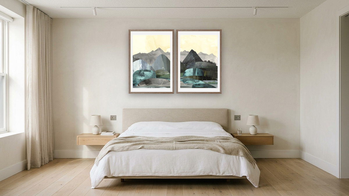 Diptych — Dream Land 1 × Dream Land 2, shown at 28 × 42 in (71.1 × 106.7 cm) in Arber Light Walnut, hotel guest room