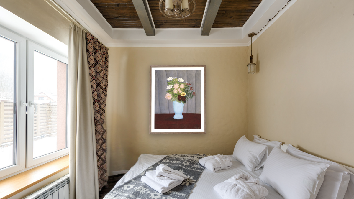 Garden Flowers by Henri Rousseau, shown at 32 × 40 in (81.3 × 101.6 cm) in Arber Light Walnut, hotel guest room